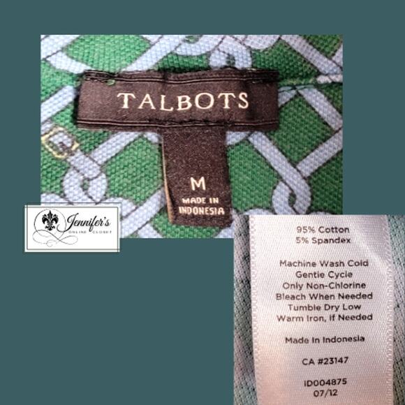 Talbots Green with Blue Belt and Buckle Print Long Sleeve Top Size M - Picture 9 of 11